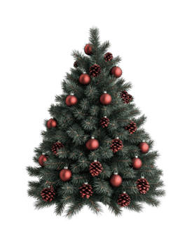 Festive christmas tree decorated with red ornaments and pine cones png