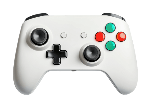 White gaming controller with colorful buttons on black background png
