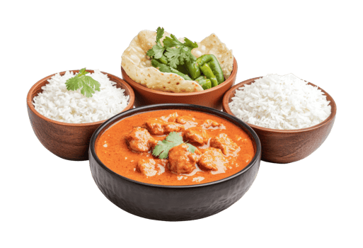 Spicy indian curry with jasmine rice and paratha png