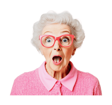Elderly caucasian female with surprised expression and pink glasses png