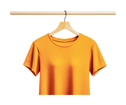 Vibrant orange t-shirt on wooden hanger isolated against white background png