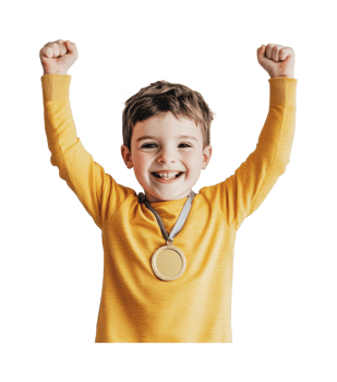 Joyful caucasian child celebrating victory with gold medal png