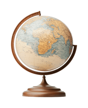 Vintage world globe on wooden stand with detailed map of continents and oceans png