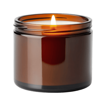 Warm glow of lit candle in amber glass jar png