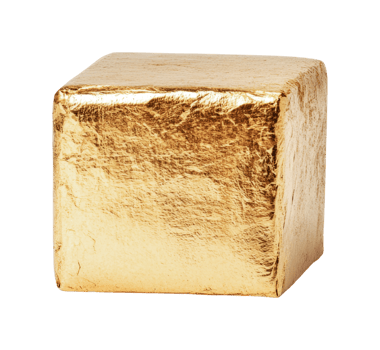 Shiny gold metallic cube with reflective surface on black background png
