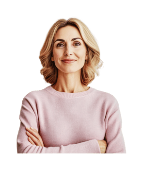Confident mature caucasian female smiling with arms crossed in pink sweater png