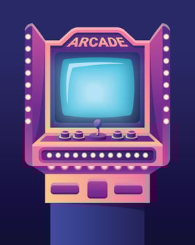 Arcade game machines isolated on black background. cartoon illustration of retro computer gaming cabinet with buttons, joystick console, coin slots, menu options text on neon display vector