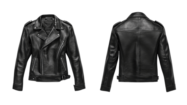 Stylish black leather jacket showcased from the front and back view for modern fashion enthusiasts png