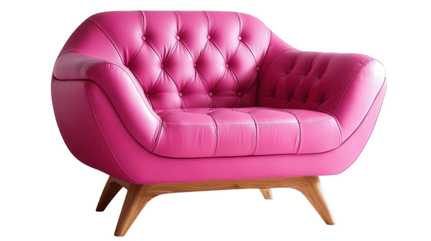 Stylish pink leather couch with modern design and wooden legs in contemporary interior setting png