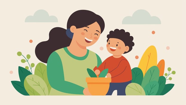 Joyful Garden Moments. Celebrating Mothers Day with a Warm Family Smile vector