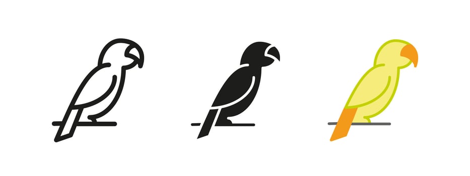 Parrot icon. Perched tropical bird with a curved beak illustration. Represents exotic wildlife, pet birds and jungle themes. Ideal for nature and animal designs. vector