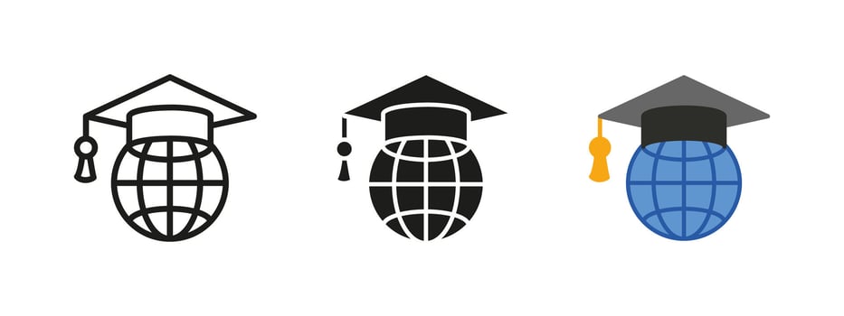 International education icon. Global world with graduation cap illustration. International learning achievement symbol. Student diploma and degree concept for success and study. vector