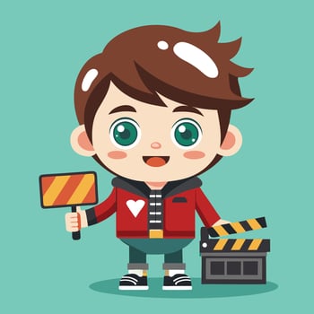 Cute Cartoon Filmmaker Hard at Work on an Exciting Project vector