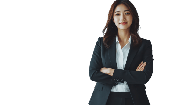 Professional woman in business attire standing confidently with arms crossed in a bright space png