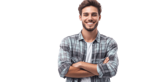 Young man smiling confidently with arms crossed, dressed in checkered shirt against a plain background png