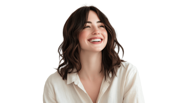Smiling woman with wavy hair wearing a light shirt, expressing joy and happiness against a plain background png
