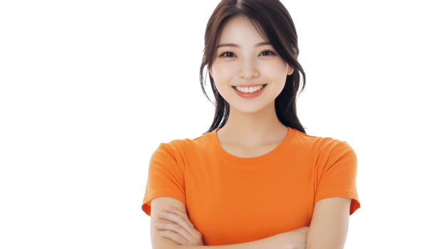 Smiling young woman in bright orange shirt with crossed arms showcasing a confident expression in a minimalist setting png