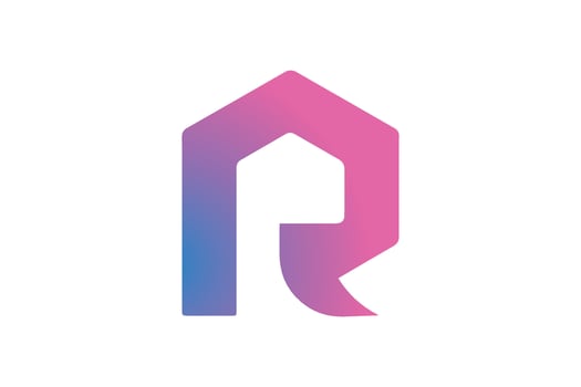 The letter r logo with a pink and blue house vector