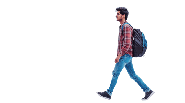 Young man walking confidently with a backpack in casual attire on a plain background during daylight hours png