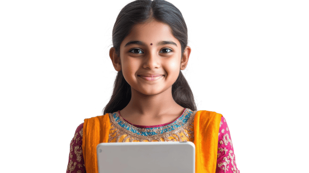 Young girl holds tablet and smiles while dressed in traditional attire showcasing cultural pride and joy in a bright setting png