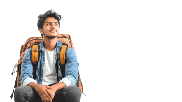 Young traveler with a backpack sits thoughtfully, contemplating adventures while smiling in a bright, minimal setting png