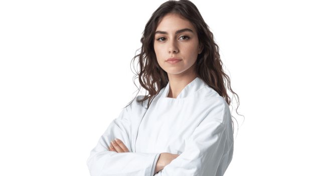 Professional chef with long hair and white uniform poses confidently against a plain background png