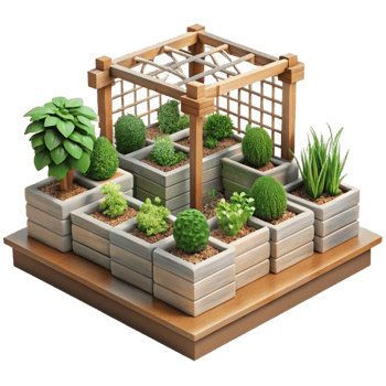 elegant contemporary Urban Garden with Raised Beds and Trellis Isolated on Transparent Background exclusive png