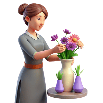 dramatic traditional Woman Arranging Flowers in Vase Isolated Floral Design genuine png