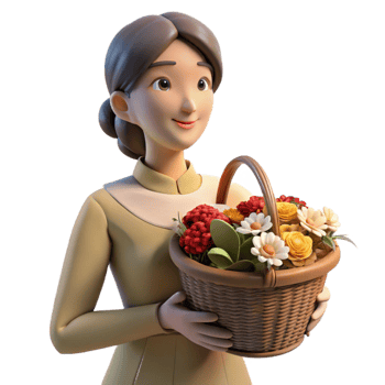 dramatic artistic Woman Holding Basket of Freshly Picked Flowers Transparent Background detailed png