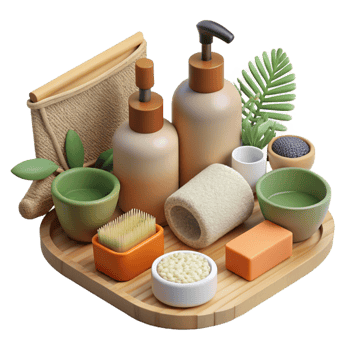 magnificent rustic Zero Waste Bathroom Essentials Top View Transparent Background professional png