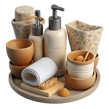 stunning rustic Zero Waste Bathroom Essentials Top View Transparent Background detailed png