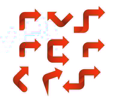 Set red arrow 3D icons pointing up down left right. vector
