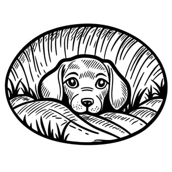 illustration of a cute puppy in a grassy nest, adorable animal drawing, black and white art vector