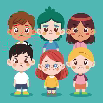 Heartfelt Expressions A Collection of Kids with Sad Expressions in Cartoon Drawings vector