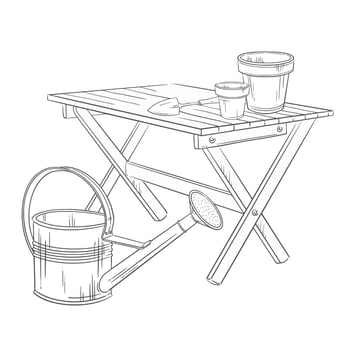 Watering can, folding wooden table, and planting tools. hand-drawn graphic illustration. For gardening, spring decor, and rustic home settings. Ideal for coloring pages, wrapping, signs, card vector