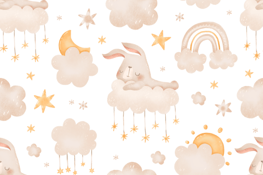 Cute little bunny sleep on the cloud seamless pattern . Hand drawn watercolor illustration isolated background. Night endless background, clouds, stars, moon, sun hand drawn illustration png