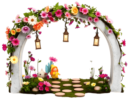 Garden arch decorated with flowers and easter eggs isolated on transparent background png