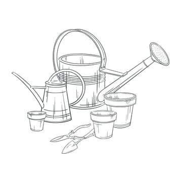 Vintage gardening tools. watering cans, flower pots, a trowel, and pruning shears. hand-drawn illustration. Ideal for spring planting, eco-friendly visuals, and rustic decor vector