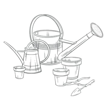Vintage gardening tools watering cans, flower pots, a trowel, and pruning shears. hand-drawn illustration. Ideal for spring planting, eco visuals, and rustic decor vector