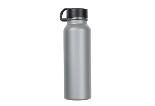 Transparent water bottle with black cap png