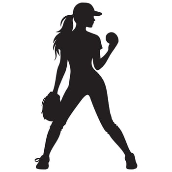 Female Softball Pitcher Silhouette with Ball and Glove Ready Throw vector