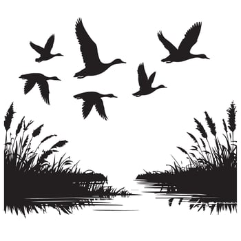 Flying Geese Silhouette Graphic Design Near Water Illustration vector