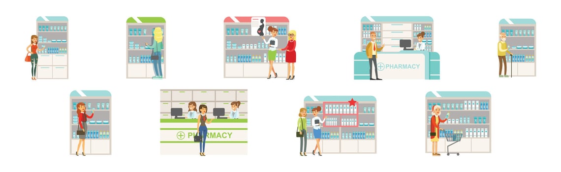 People Character at Pharmacy Store Choosing And Buying Drugs Set vector