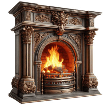 Ornate Wooden Fireplace with Flames png