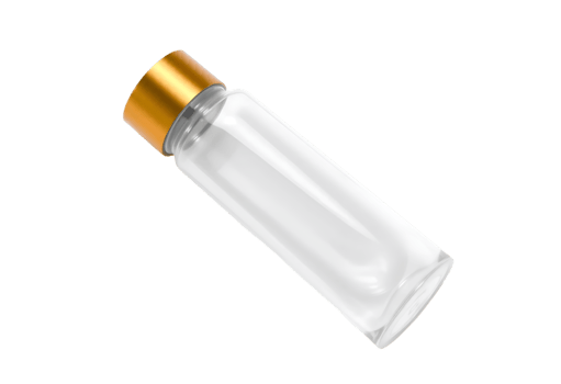 Realistic transparent cosmetic bottle mockup with gold cap png
