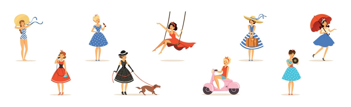 Beautiful Woman Character in Retro Vintage Dress Set vector