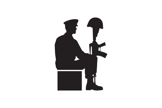 A silhouette of a soldier holding a gun and helmet vector