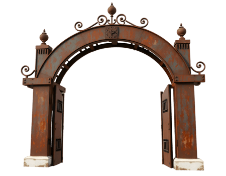 Old rusty gate with forged elements isolated on transparent background png