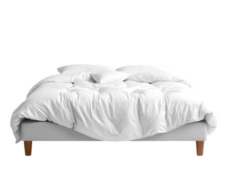 Realistic double bed with white linen isolated on transparent background png