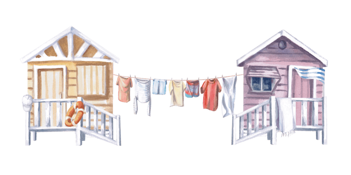 Beach houses and drying laundry. Isolated watercolor illustration of everyday life scene for design of sea restaurants, menu, printing on t-shirts, postcards. png